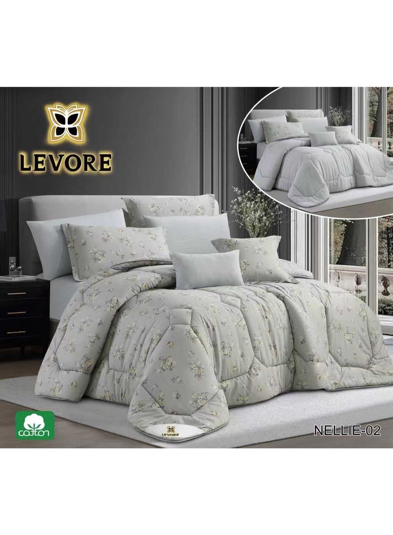 مفرش من ليفوري 8قطع قطن 100% ناعم مشجر وجهين صيفي بحشوة ومثبتة مناسب لسرير كينج NELLIE-02